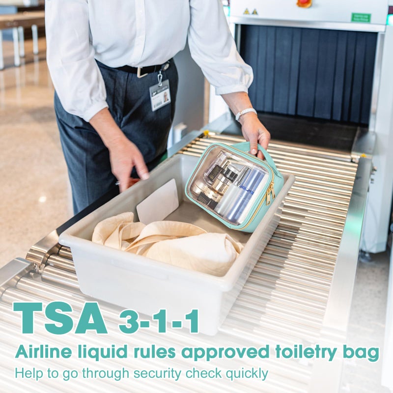 Wedama TSA Approved Toiletry Bag, 2 Pack Clear Makeup Bags with Handles, Quart Size PVC Clear Cosmetic Bags for Women and Men, Carry on Airport Airline Compliant Bag, Cyan Green - Image 2